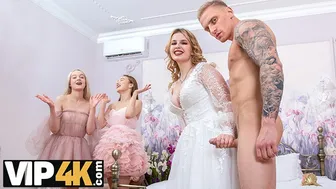 The bride shares her fiancé with two best friends after the ceremony
