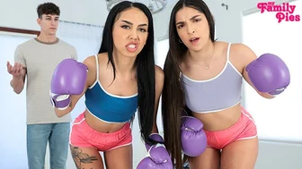 Bianca en Madison concurreren wild, wie mag er eerst op de harde pik van haar stiefbroer zitten